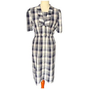 Vintage 1950s Papillon Plaid Dress Blue White Button Front Day Dress S Size 4 6